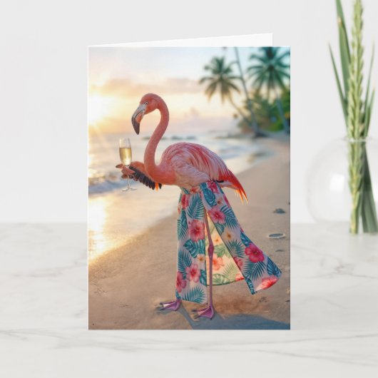 Birthday Flamingo With Champagne On a Beach カード (正面)