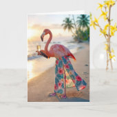 Birthday Flamingo With Champagne On a Beach カード (黄色い花)