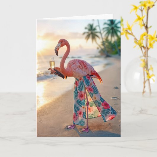 Birthday Flamingo With Champagne On a Beach カード (黄色い花)