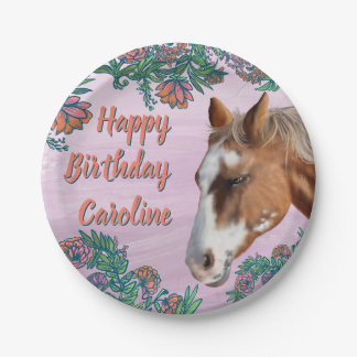 Birthday Flowers and Palomino Horse  ペーパープレート