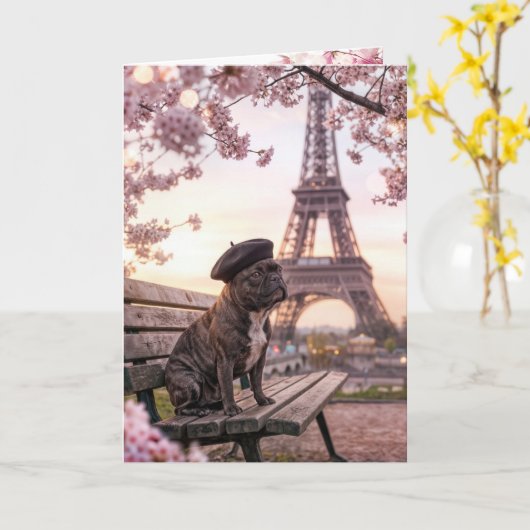 Birthday French Bulldog In Paris カード (黄色い花)