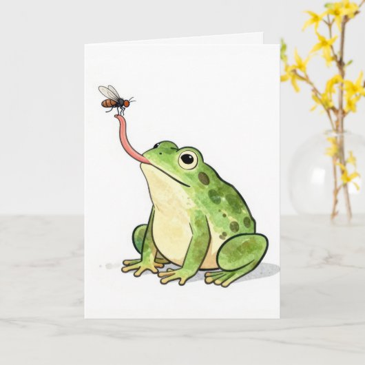 Birthday Frog Catching a Fly カード (黄色い花)
