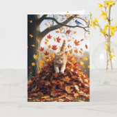 Birthday Ginger Cat In an Autumn Leaf Pile カード (黄色い花)