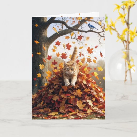 Birthday Ginger Cat In an Autumn Leaf Pile カード (黄色い花)
