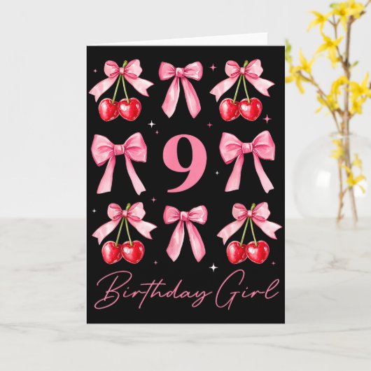 Birthday Girl 9th Birthday Cherry Coquette Bow 9 Y カード (黄色い花)