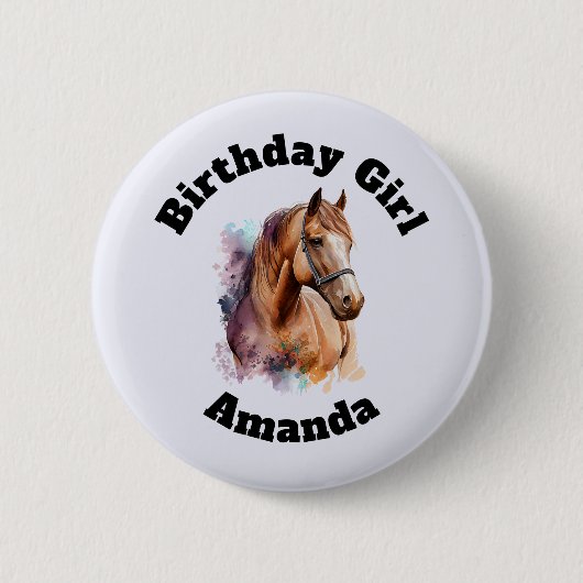 Birthday Girl Brown Horse Head Portrait 缶バッジ (正面)