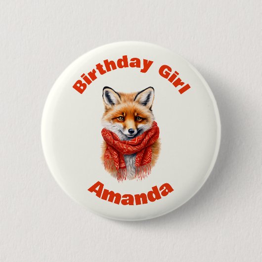Birthday Girl Cute Fox in a Red Scarf Autumn Image 缶バッジ (正面)