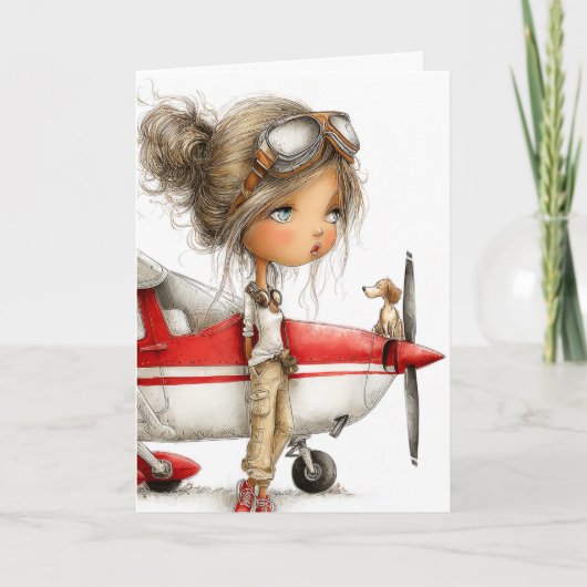 Birthday Girl Pilot Co-pilot dog & Cessna Airplane カード (正面)