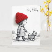 Birthday Girl Walking Her Dog カード (黄色い花)