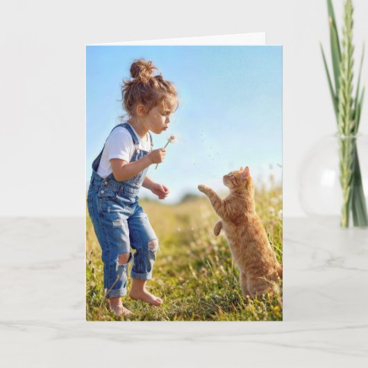 Birthday Girl With Cat in Dandelions カード (正面)