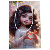 Birthday Girl with Fingers Forming a Heart ミディアムペーパーバッグ (正面)