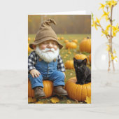 Birthday Gnome and Black Kitten On Pumpkins カード (黄色い花)