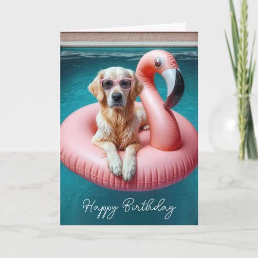 Birthday Golden Retriever In Flamingo Pool toy カード (正面)