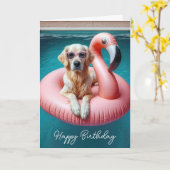 Birthday Golden Retriever In Flamingo Pool toy カード (黄色い花)