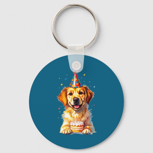 Birthday Golden Retriever, Party Dog  キーホルダー (正面)