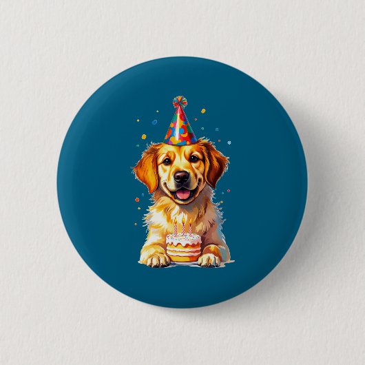 Birthday Golden Retriever, Party Dog  缶バッジ (正面)