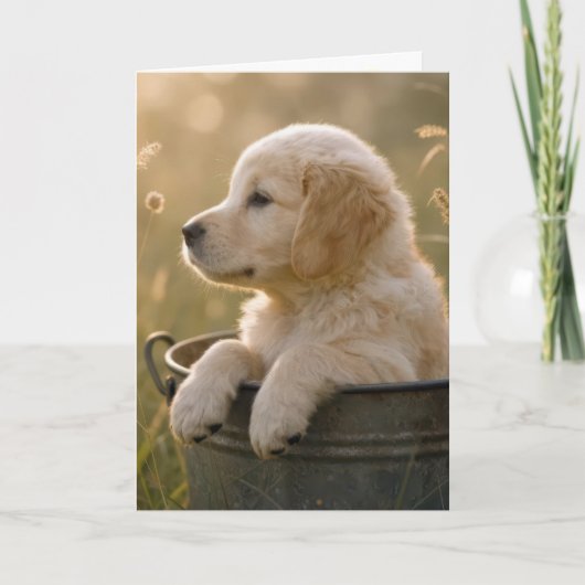 Birthday Golden Retriever Puppy in a Bucket カード (正面)