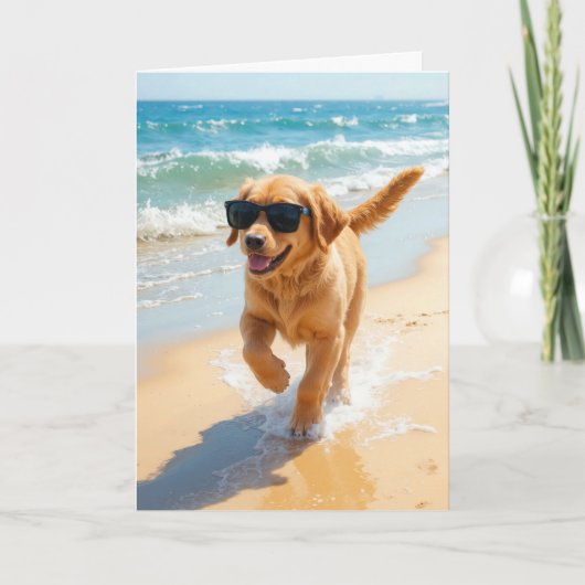 Birthday Golden Retriever Puppy Walking the Beach カード (正面)