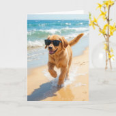 Birthday Golden Retriever Puppy Walking the Beach カード (黄色い花)