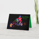 Birthday Grandson, Biker on Motorcycle Vivid Color カード<br><div class="desc">Fun,  colorful birthday greeting for that grandson with a young man riding a motorcycle.  See the same image for other categories.</div>