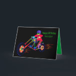 Birthday Grandson, Biker on Motorcycle Vivid Color カード<br><div class="desc">Fun,  colorful birthday greeting for that grandson with a young man riding a motorcycle.  See the same image for other categories.</div>