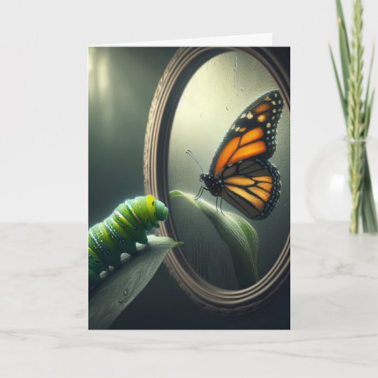 Birthday Green Caterpillar Staring at a Butterfly カード (正面)