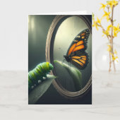 Birthday Green Caterpillar Staring at a Butterfly カード (黄色い花)