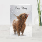 Birthday Highland Cow Licking Snowflakes カード (正面)