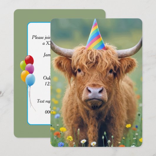 Birthday Highland Cow with Party Hat 招待状 (正面/裏面)