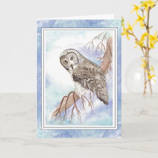 Birthday Husband with Great Grey, Gray Owl Bird カード (黄色い花)