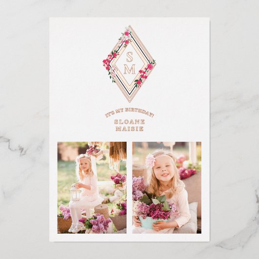 Birthday Initials 2 Photos Rose Gold Effect Floral 箔招待状 (正面)