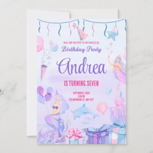 Birthday invitation card. Mermaid for Girls.Custom 招待状 (正面)