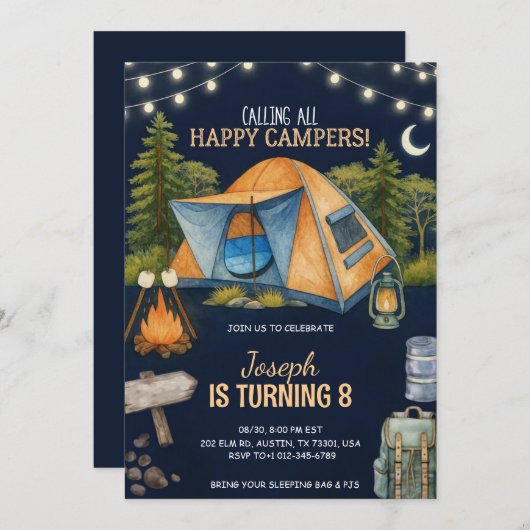Birthday Invitation featuring camping theme  招待状 (正面/裏面)