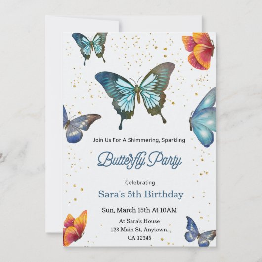 Birthday invitation featuring colorful butterflies 招待状 (正面)