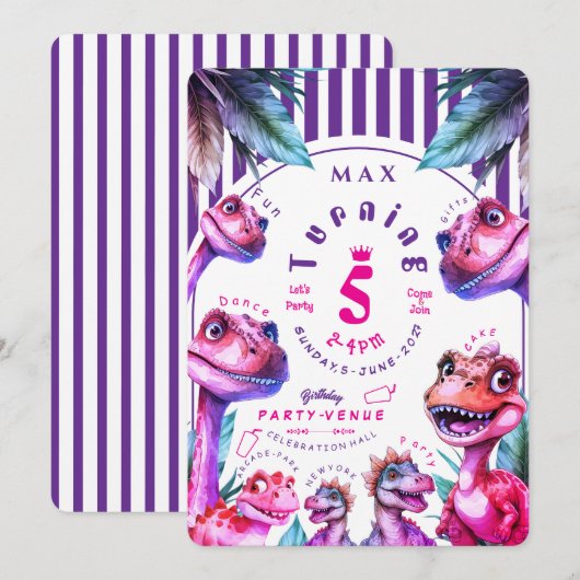 Birthday Invitation Kids Watercolour Dinosaur 招待状 (正面/裏面)