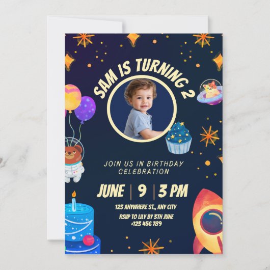 Birthday Invitation Space Rocket for kids 招待状 (正面)