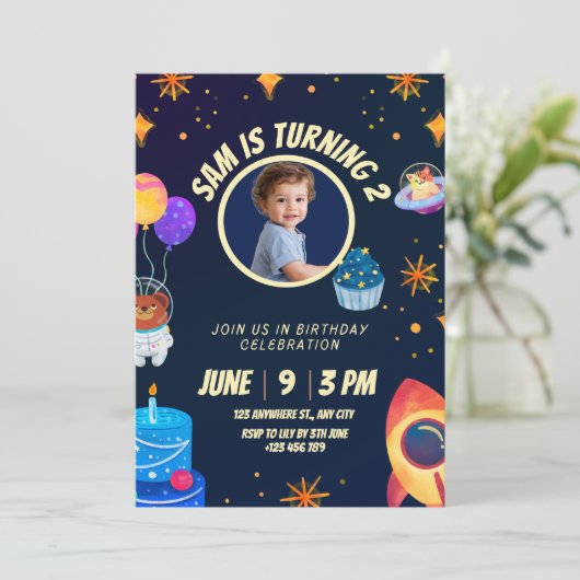 Birthday Invitation Space Rocket for kids 招待状 (スタンド正面)