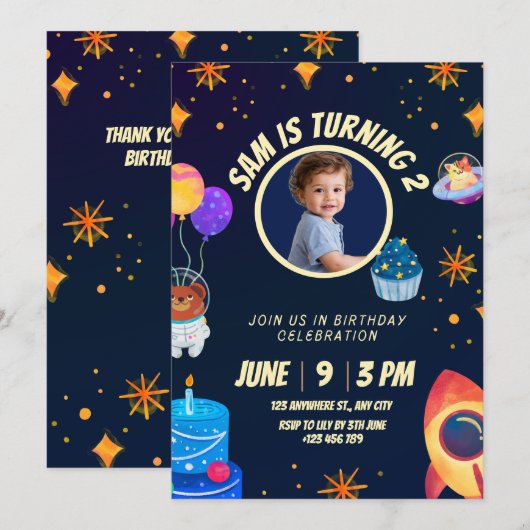 Birthday Invitation Space Rocket for kids 招待状 (正面/裏面)