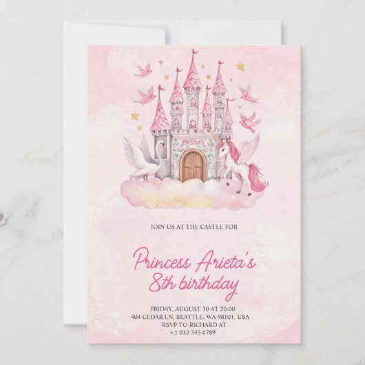 Birthday Invitation with a pink castle  招待状 (正面)