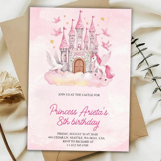 Birthday Invitation with a pink castle 招待状