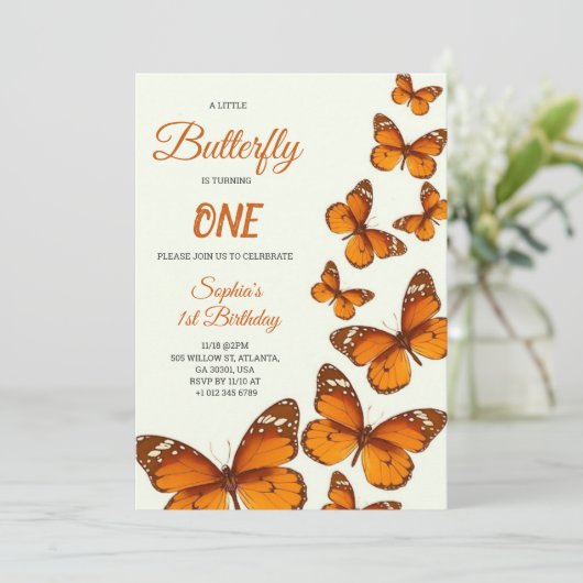 birthday invitation with vibrant orange butterfly 招待状 (スタンド正面)