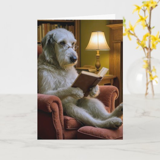 Birthday Irish Wolfhound Dog Reading a Book  カード (黄色い花)