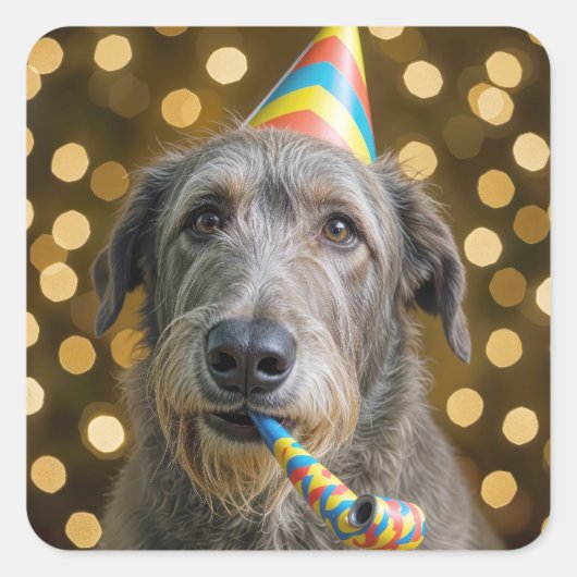 Birthday Irish Wolfhound Dog With Party Hat スクエアシール (正面)