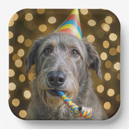 Birthday Irish Wolfhound Dog With Party Hat ペーパープレート (正面)
