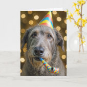 Birthday Irish Wolfhound with Party Hat カード (黄色い花)