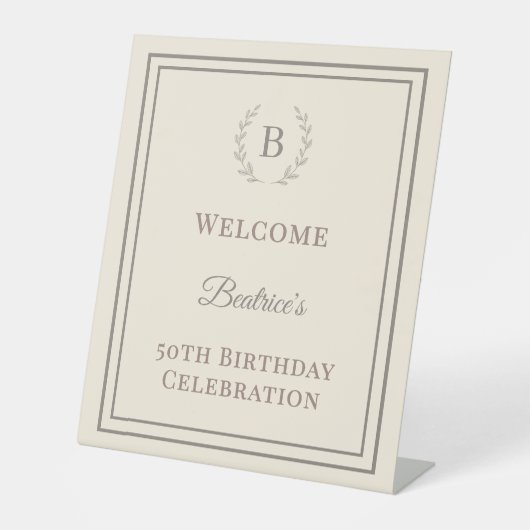 Birthday ivory taupe monogrammed elegant welcome 台座サイン (正面)