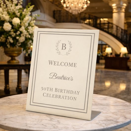 Birthday ivory taupe monogrammed elegant welcome 台座サイン