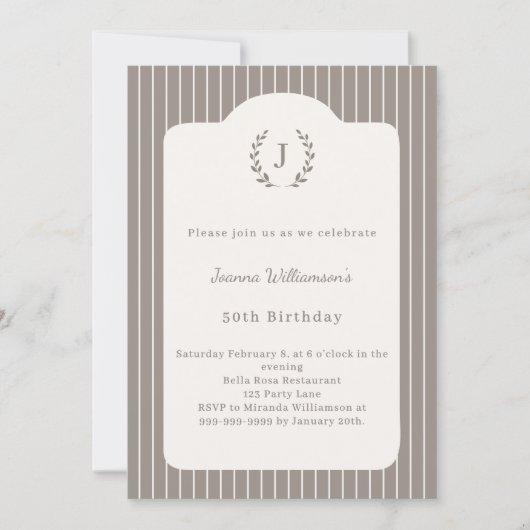 Birthday Ivory Taupe Neutral Pinstriped Monogram 招待状 (正面)