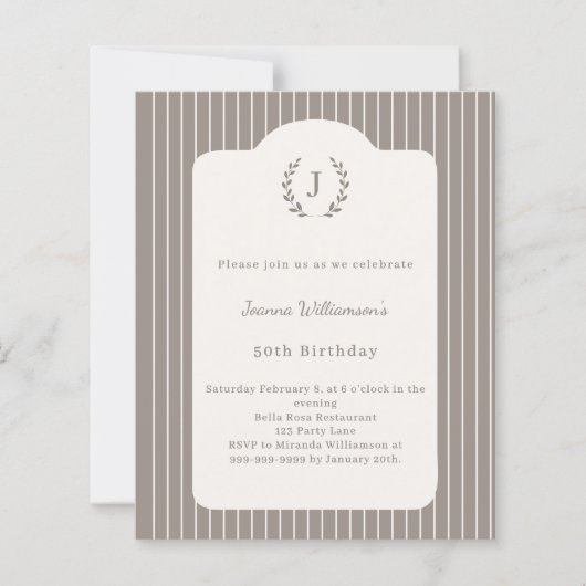 Birthday Ivory Taupe Pinstriped invitation (正面)