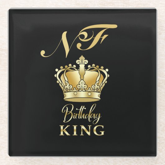 Birthday King Gold Crown Royal Monogram Luxury ガラスコースター (正面)